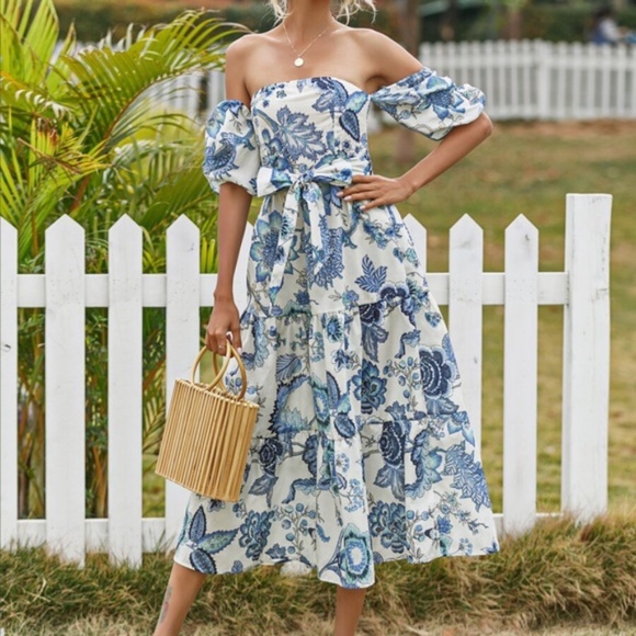 Boho floral belted ruffle hem off shoulder dress - Picture 5 of 5